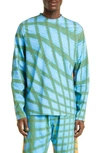 Bianca Saunders Carnell Warped Grid Long Sleeve T-shirt In Blue/ Orange /green Grid Print