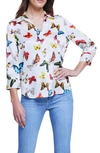 L Agence Dani Three Quarter Sleeve Butterfly Print Silk Blouse In White Multi Butterflies