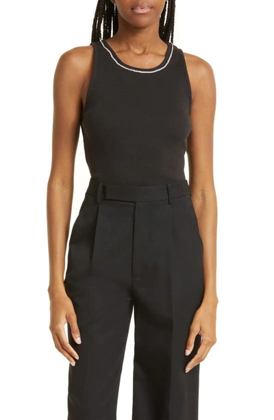 Alice And Olivia Ribbed-knit Crystal-embellished Top In Negro