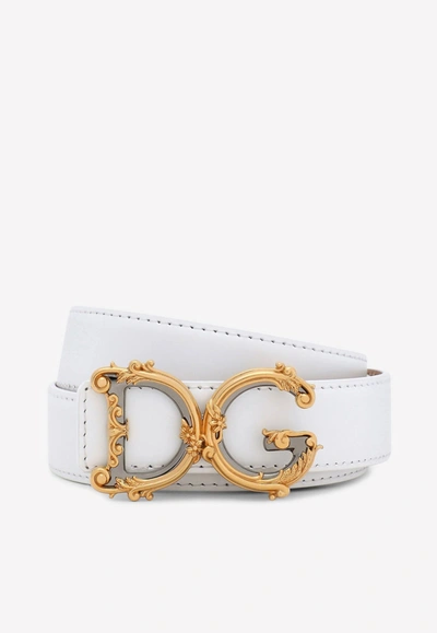 Dolce & Gabbana Baroque Dg Logo Buckle Belt In Calf Leather In White