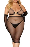 Dreamgirl Wireless Stretch Fishnet Bra & Slip Skirt Set In Black