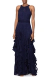 Xscape Ruffle Metallic Gown In Navy