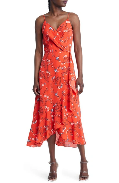 Chelsea28 Faux Wrap Floral Midi Dress In Orange Cherry Julia Blooms