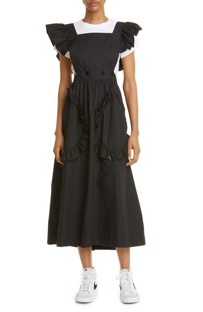 Kkco Lulu Apron Ruffle Cotton Midi Dress In Black