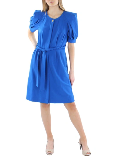 Calvin Klein Womens Knit Puff Sleeves Fit & Flare Dress In Blue