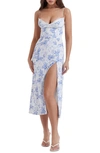 House Of Cb Corset Crepe Midi Sundress In Blue Print Flower
