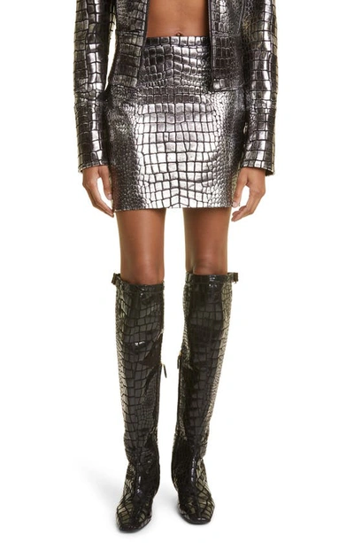 Tom Ford Croc Embossed Laminated Leather Skirt In Silver