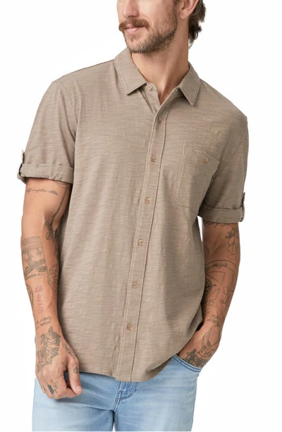 Paige Brayden Short Sleeve Cotton Knit Button-up Shirt In Beige