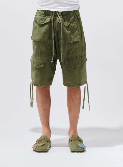 Greg Lauren Tapered Brushed-cotton Drawstring Cargo Shorts In Green