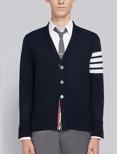 THOM BROWNE THOM BROWNE MEN CLASSIC V-NECK CARDIGAN IN SUSTAINABLE FINE MERINO WOOL