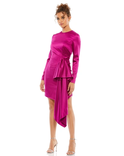Ieena For Mac Duggal Asymmetrical Draped Long Sleeve Mini Dress In Magenta