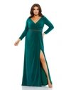 Mac Duggal Beaded Belt Jersey Faux Wrap Long Sleeve Gown In Emerald