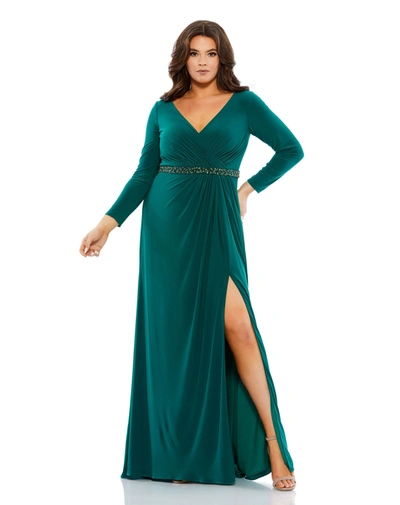 Mac Duggal Beaded Belt Jersey Faux Wrap Long Sleeve Gown In Emerald