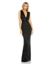 Mac Duggal Beaded Cap Sleeve V Neck Column Gown In Black