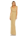 Mac Duggal Beaded Cap Sleeve V Neck Column Gown In Gold