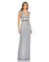 Mac Duggal Beaded Cap Sleeve V Neck Column Gown In Silver