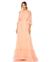 Mac Duggal Chiffon Ruffled High Neck Raglan Sleeves Evening Gown In Blush