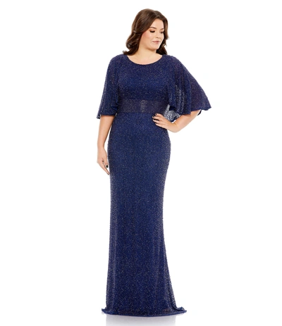 MAC DUGGAL NAVY EMBELLISHED CAPE SLEEVE GOWN (PLUS)