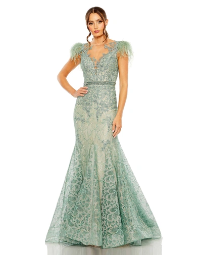 Mac Duggal Embellished Feather Cap Sleeve Illusion Neck Trumpet Gown In Green