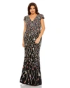 Mac Embellished Flutter Cap Sleeve V Neck Gown In Black Multi