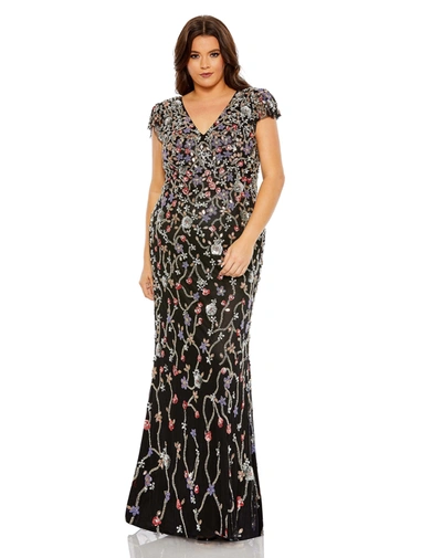 Mac Embellished Flutter Cap Sleeve V Neck Gown In Black Multi