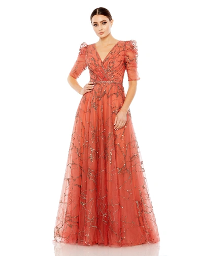 Mac Duggal Embellished Gathered Puff Sleeve Faux Wrap Gown In Cinnamon
