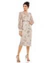 Mac Duggal Embellished High Neck Illusion Long Sleeve Midi Dress In Mocha In Mocha