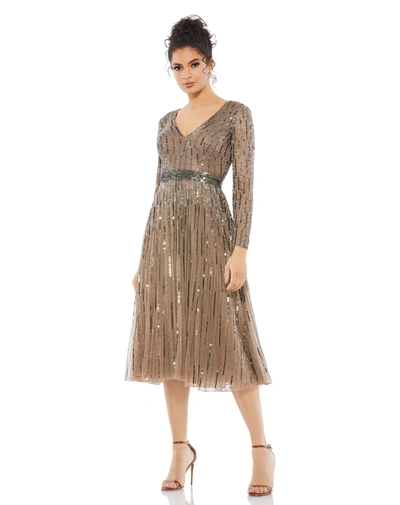Mac Duggal Embellished Long Sleeve T-length Dress With Beaded Belt In Dark Taupe
