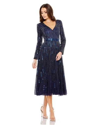 Mac Duggal Long Sleeve Tea Length Dress In Blue