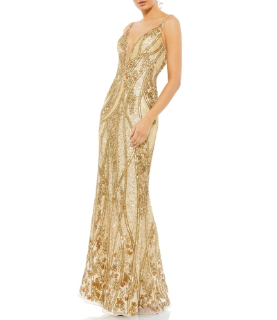 Mac Duggal Embellished Sleeveless Plunge Neck Low Back Gown In Nude Gold