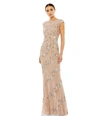 Mac Duggal Embellished Bateau Neck Cap Sleeve Gown In Nude Silver