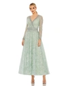 Mac Duggal Embellished Wrap Over Long Sleeve Midi Dress In Sage