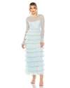 Mac Duggal Embroidered Long Sleeve Ruffled Tiered Dress In Seafoam
