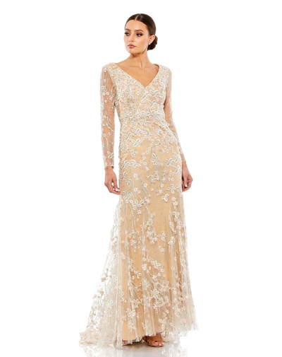 Mac Duggal Embroidered V Neck Long Sleeve Trumpet Gown In Ivory Nude