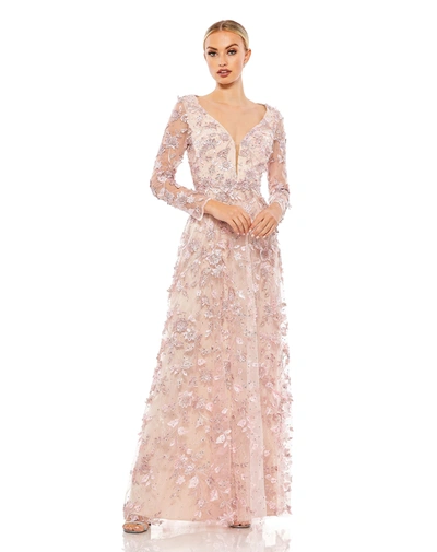 Mac Duggal Floral Applique Long Sleeve Illusion Gown In Rose Pink