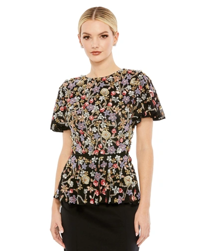 Mac Duggal Floral Embellished Butterfly Sleeve Top In Black Multi