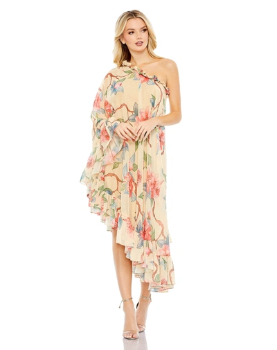 Mac Duggal Floral Print One Shoulder Cape Dress In Beige Multi