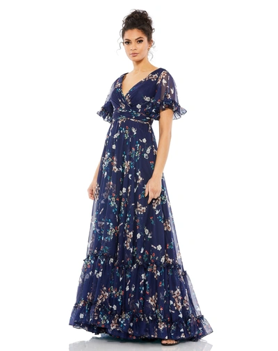 Ieena For Mac Duggal Flounce Sleeve Floral Maxi Dress In Navy Multi