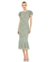 Mac Duggal Beaded Ruffle Sleeve Midi Cocktail Dress In Sage