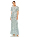 Mac Duggal Flutter Sleeve Sequin High Neck Dress In French Blue