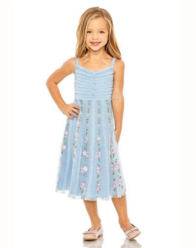 Mac Duggal Kids' Girls Ruffle Floral Embroidered Detail Mini Dress In Blue Multi