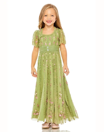 Mac Duggal Girls Ruffle Flutter Sleeve Floral Mini Dress In Moss Green