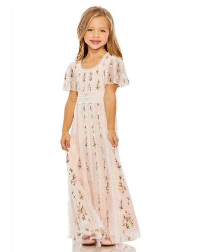 Mac Duggal Girls Ruffle Flutter Sleeve Floral Mini Dress In Blush Multi