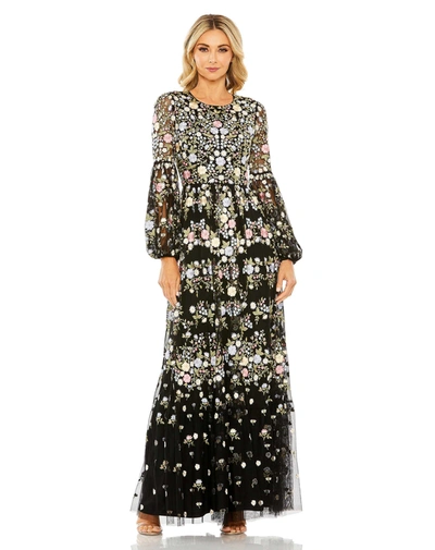 Mac Duggal High Neck Floral Embroidered Puff Sleeve Gown In Black