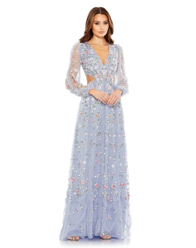 Mac Duggal Long Sleeve Embellished Cut Out A-line Gown In Periwinkle