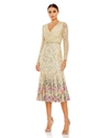 Mac Duggal Long Sleeve Faux Wrap Embellished Tea Length Dress In Gold Multi
