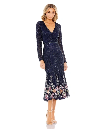 Mac Duggal Long Sleeve Faux Wrap Embellished Tea Length Dress In Midnight