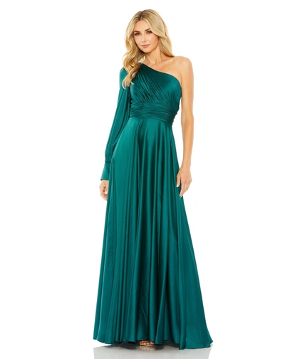 Ieena For Mac Duggal One Shoulder Bishop Sleeve Flowy Gown In Emerald