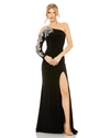 Mac Duggal One Shoulder Long Sleeve Floral Embellished Gown In Black Multi