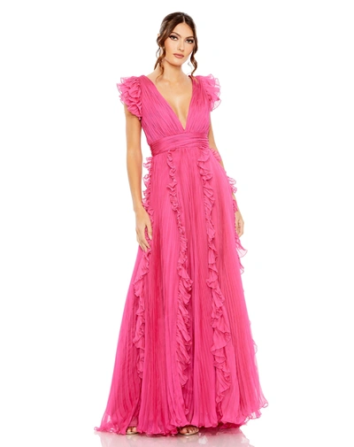 Ieena For Mac Duggal Pleated Ruffle Cap Sleeve Flowy A Line Gown In Fuchsia